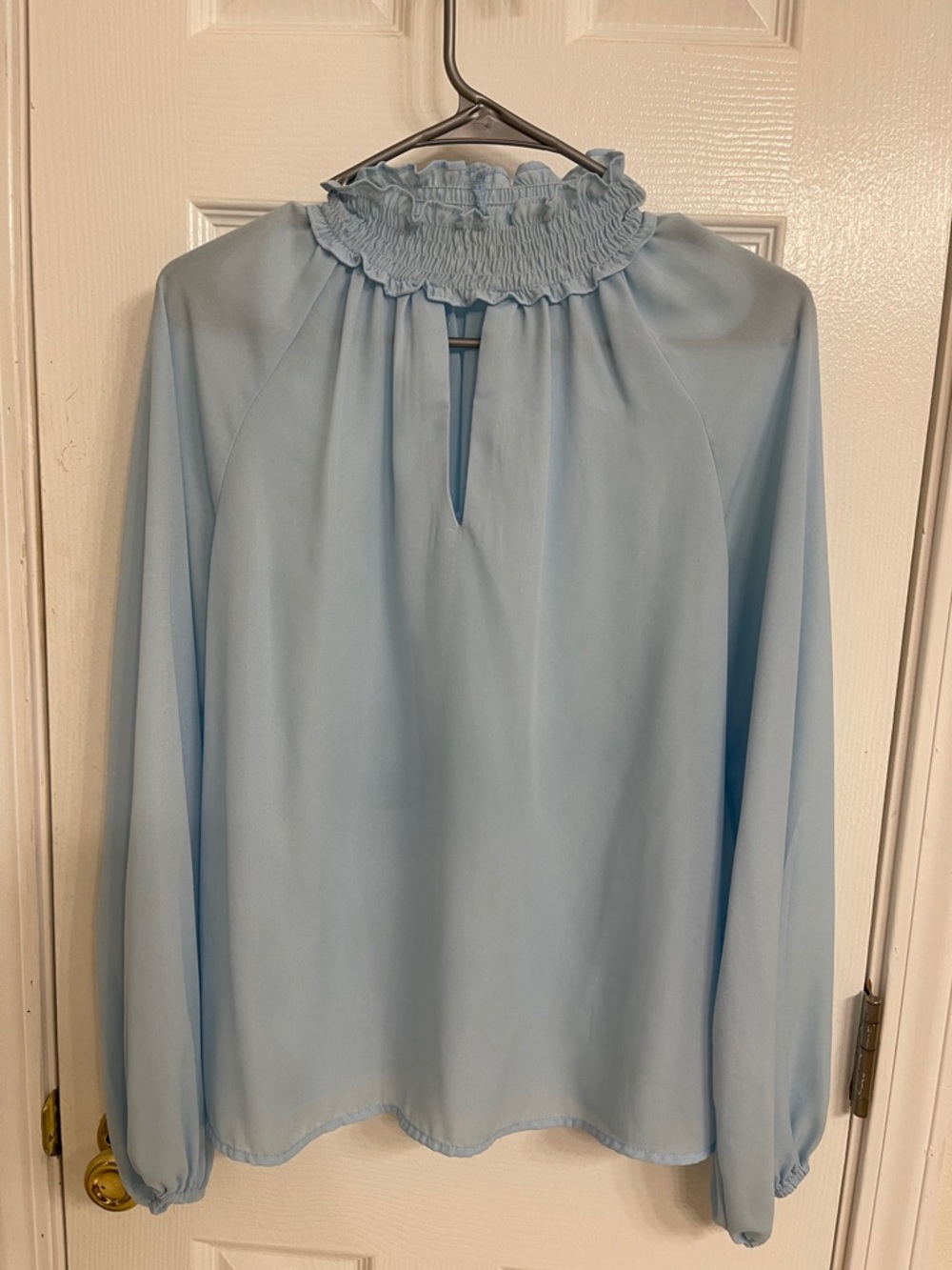 Main Strip Powder Blue Smocked Ruffle Neck Long-Sleeve Blouse